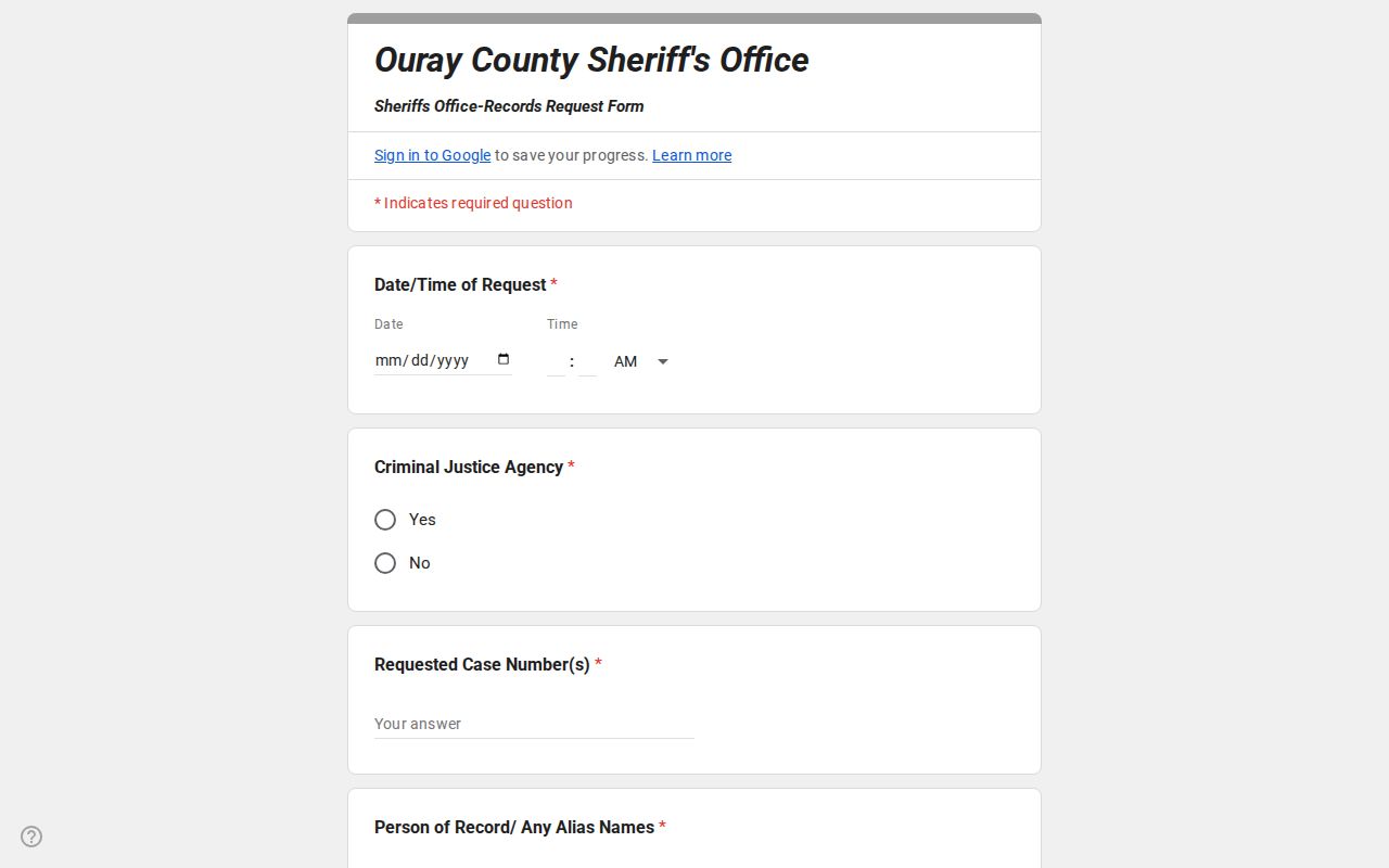 Ouray County Sheriff electronic criminal justice records request form
