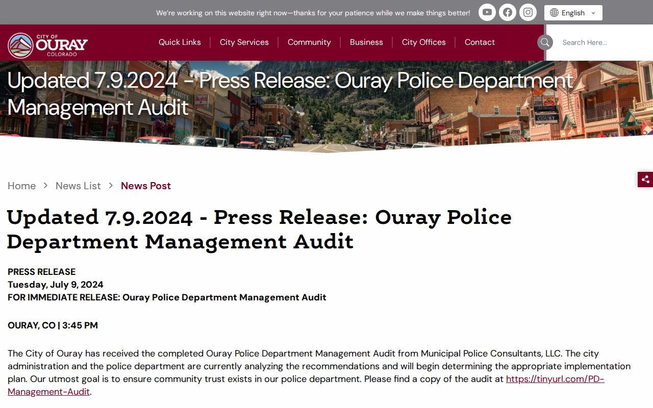 Ouray criminal records police management audit release