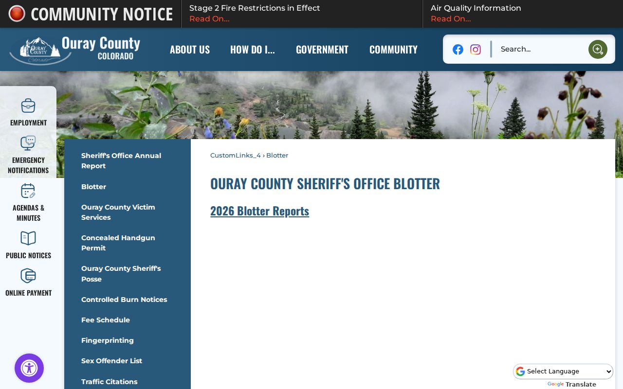 Ouray County criminal history Sheriff weekly blotter
