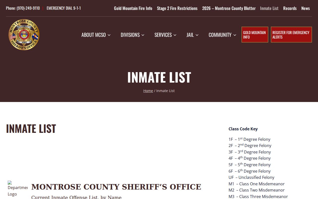 Ouray County criminal records regional Montrose inmate list