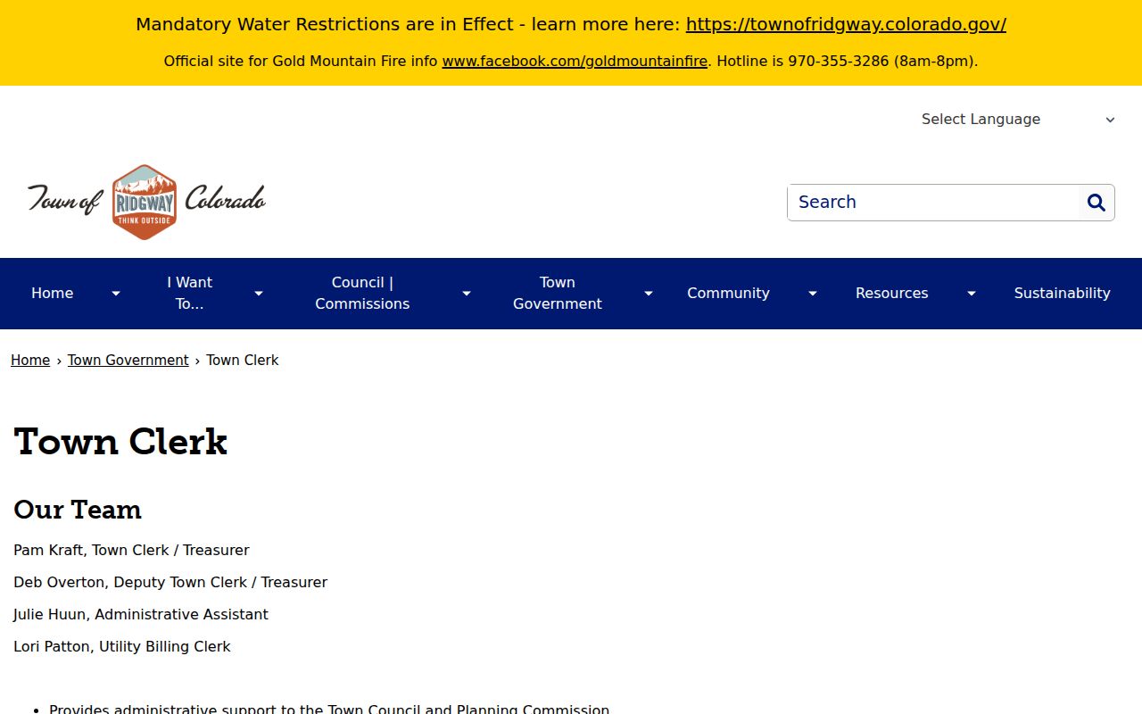 Ridgway record check Town Clerk records contact